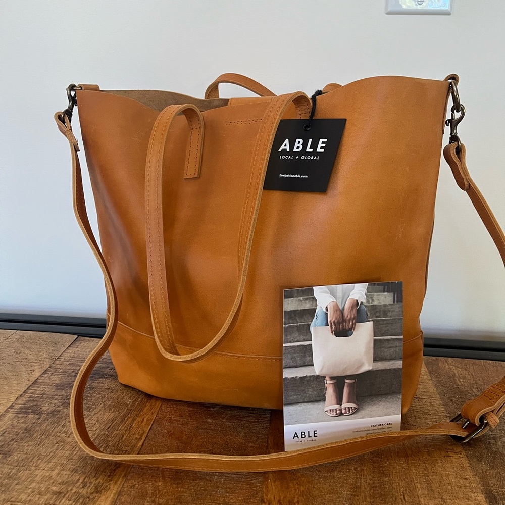 ABLE Abera Leather Tote Bag with Crossbody Strap in Cognac NWT *NEW PHOTOS*